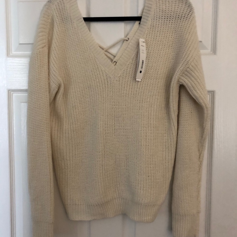 Cream Lace Up Back Aqua Sweater